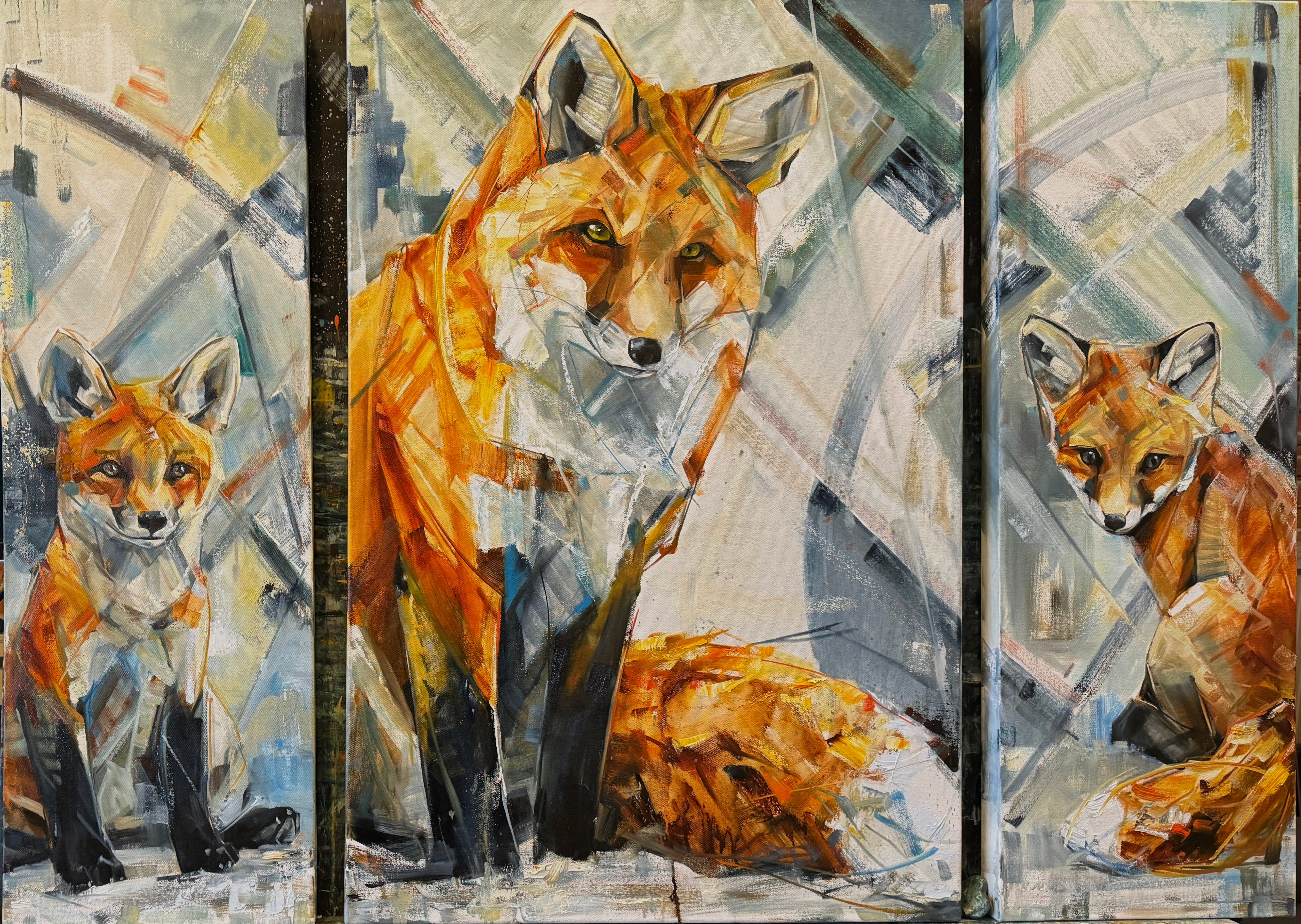 Fox Family Tryptic 12x36” 12x36” 24x36” – Katie Maher Fine Art