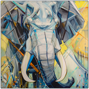 Limited edition art work by Katie Maher of a bull elephant looking directly out of the art towards the viewer. Strong blue and yellow tones.